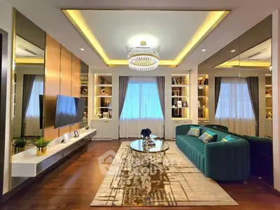 Luxurious living room with elegant chandelier and modern decor