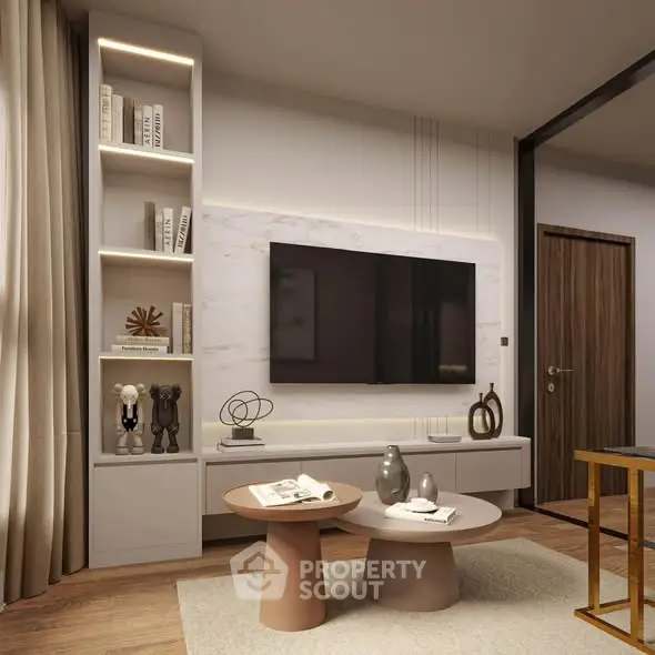 Modern living room with stylish decor and wall-mounted TV