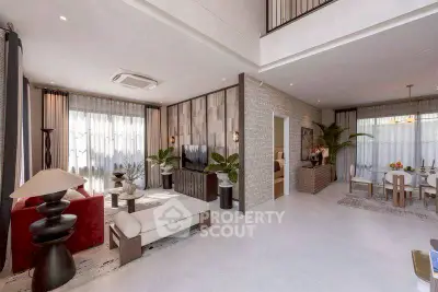 Luxurious open-plan living room with modern decor and elegant dining area, featuring high ceilings and natural light.