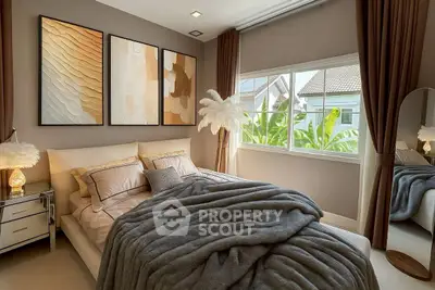 Luxurious bedroom with modern decor and large window view