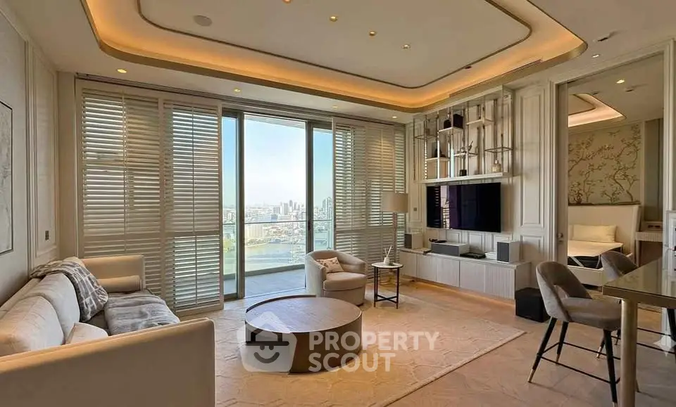 Luxurious modern living room with city view, elegant furniture, and ambient lighting.