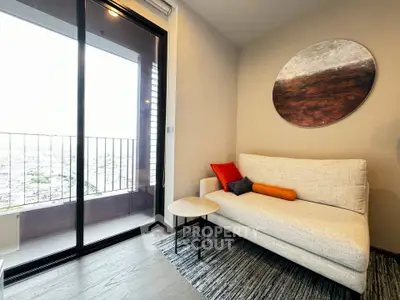 Modern living room with cozy sofa and balcony view in stylish apartment