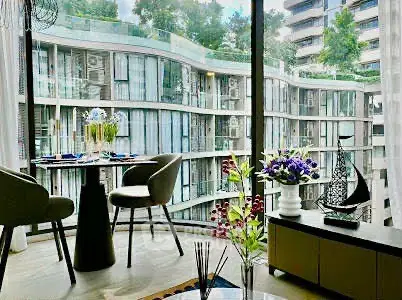 Luxurious living room with stunning view of modern architecture and elegant decor