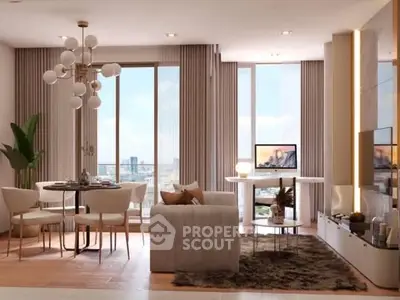 Luxurious modern living room with city view, elegant decor, and stylish furniture in high-rise apartment.