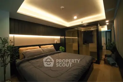 Luxurious modern bedroom with ambient lighting and elegant decor