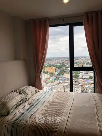 Cozy bedroom with panoramic city view from large window, featuring elegant curtains and comfortable bedding.