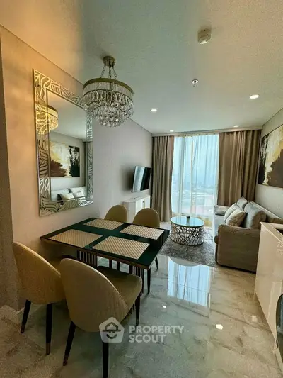 Luxurious modern living room with elegant dining area and stunning city view