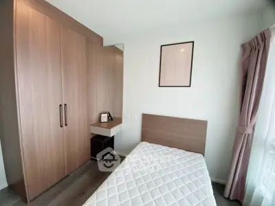 Modern bedroom with wooden wardrobe and minimalist decor