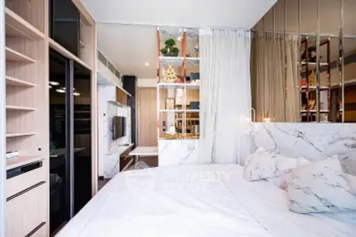 Luxurious modern bedroom with marble accents and stylish decor