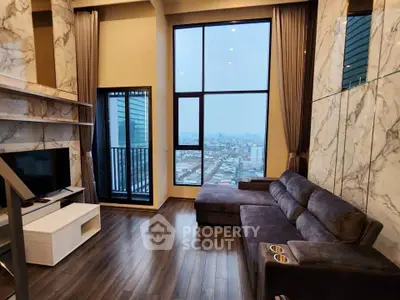 Luxurious high-rise living room with stunning city view and elegant marble accents.