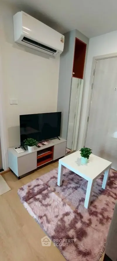 Cozy living room with modern decor, featuring a TV, air conditioning, and stylish rug.