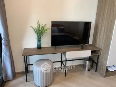 Modern living room with sleek TV stand and stylish decor