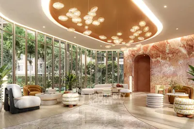 Luxurious modern living room with elegant lighting and garden view, featuring stylish furniture and marble flooring.