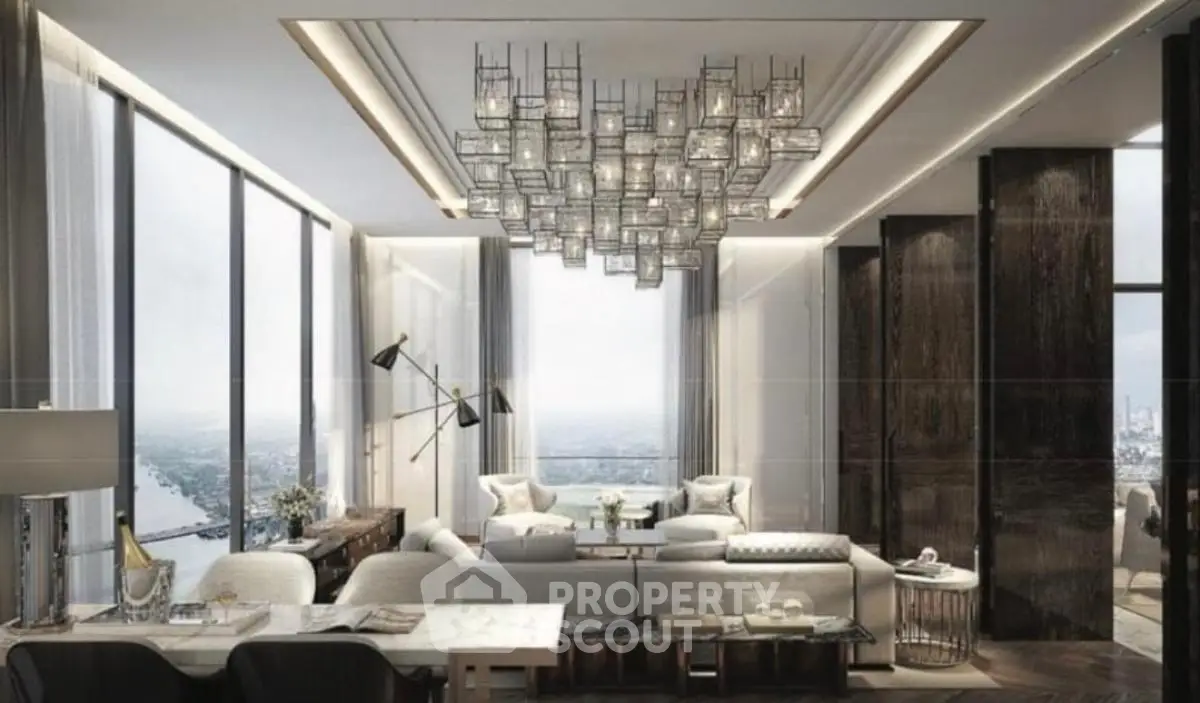Luxurious modern living room with panoramic city views and stylish chandelier