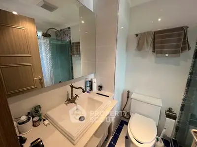 Modern bathroom with elegant fixtures and spacious layout, featuring a large mirror and stylish sink.