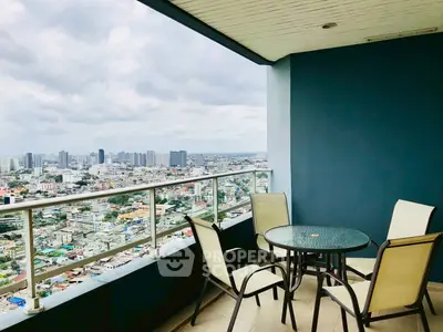 Stunning high-rise balcony with panoramic city views and modern outdoor seating.