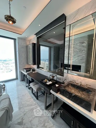 Luxurious modern bathroom with marble finishes and city view