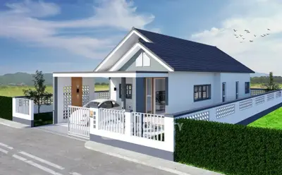 Modern single-story house with sleek design and spacious driveway in serene neighborhood.