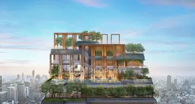 Luxurious modern building with lush greenery and stunning city views