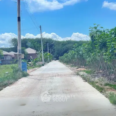 Scenic rural road with lush greenery and clear blue sky, ideal for peaceful living.