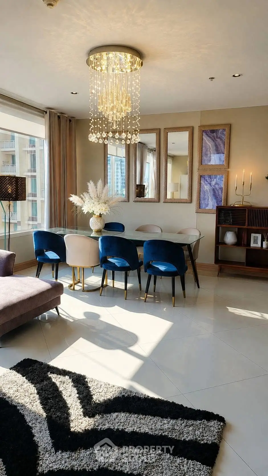 Luxurious dining area with elegant chandelier and modern decor in a high-rise apartment.