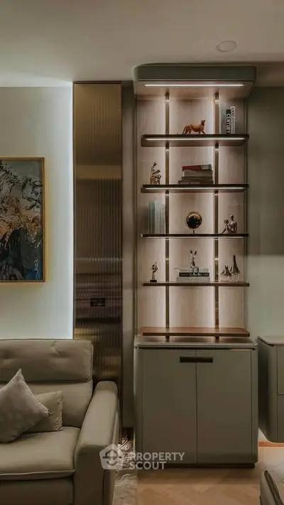 Elegant living room with modern shelving and stylish decor