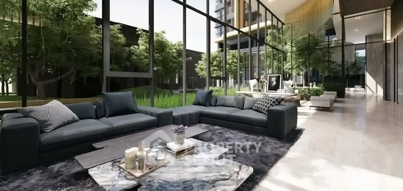 Luxurious modern living room with floor-to-ceiling windows and lush garden view.
