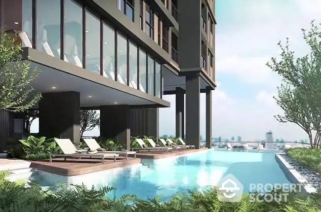 Luxurious modern apartment with stunning pool and city view, perfect for urban living.