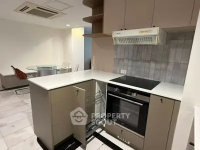 Modern kitchen with sleek design and built-in oven, perfect for urban living.