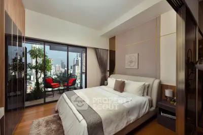 Luxurious bedroom with city view and spacious balcony in modern apartment