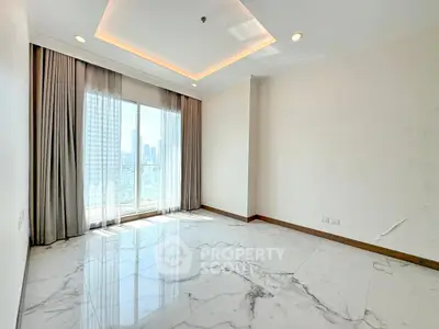 Spacious empty room with marble flooring and city view, perfect for customization.