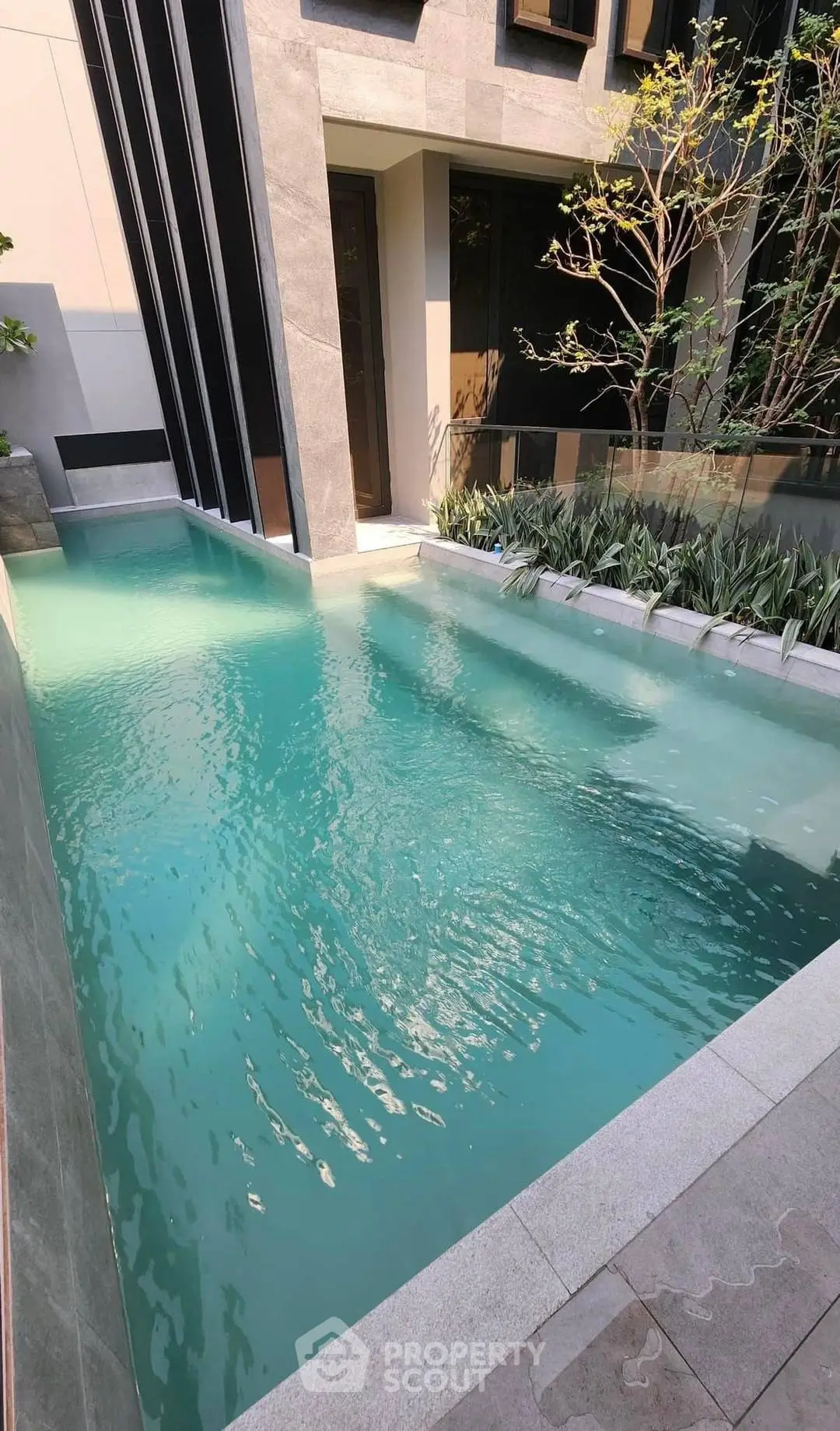 Luxurious modern pool with sleek design and lush greenery in upscale property