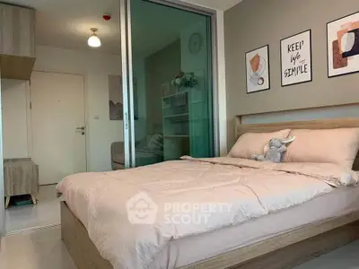 Cozy bedroom with modern decor and plush bedding in stylish apartment