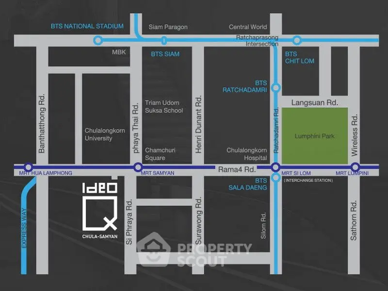 Map showing location of Ideo Q Chula-Samyan near Bangkok landmarks and transit stations.
