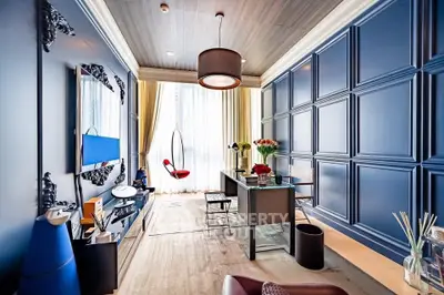 Luxurious modern living room with elegant blue panel walls and stylish hanging chair