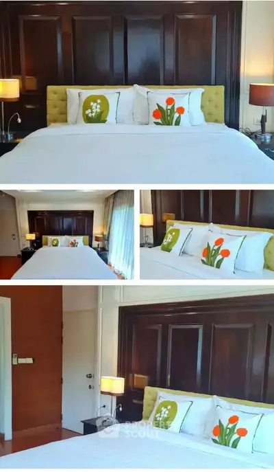Luxurious bedroom with elegant wooden headboard and stylish decor