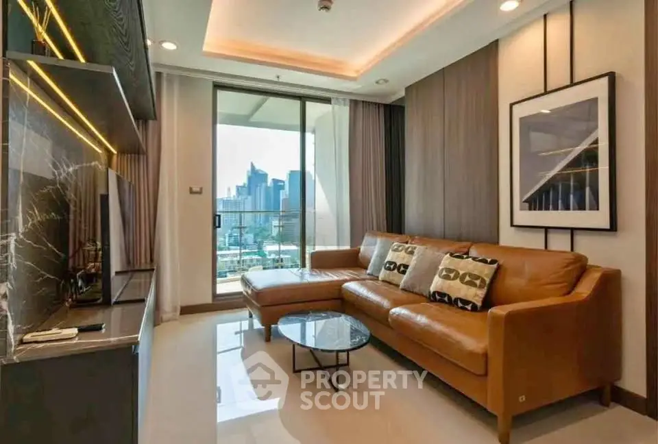 Luxurious living room with leather sofa and city view, perfect for modern urban living.