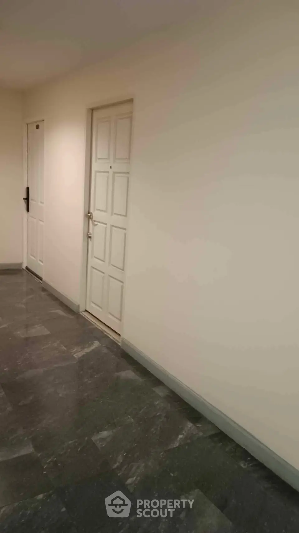 Spacious corridor with sleek flooring and modern doors in a residential building.