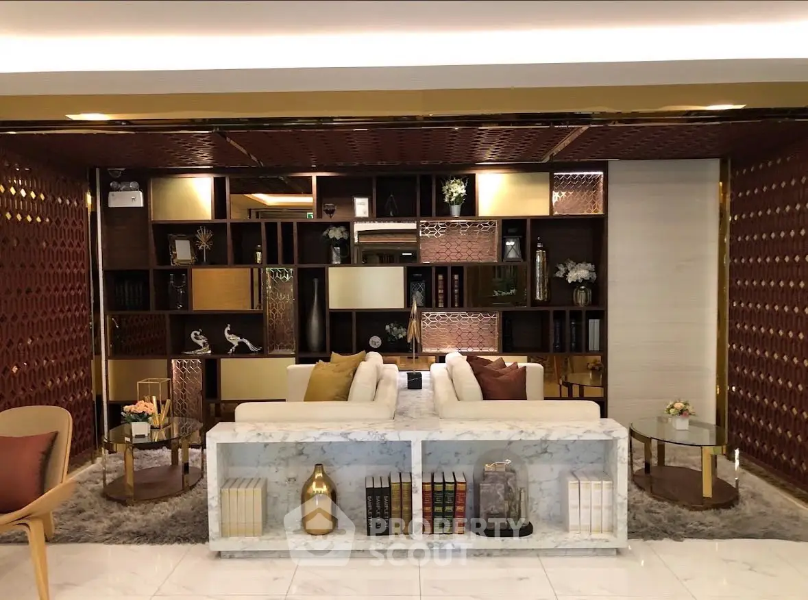 Luxurious living room with elegant decor and modern shelving