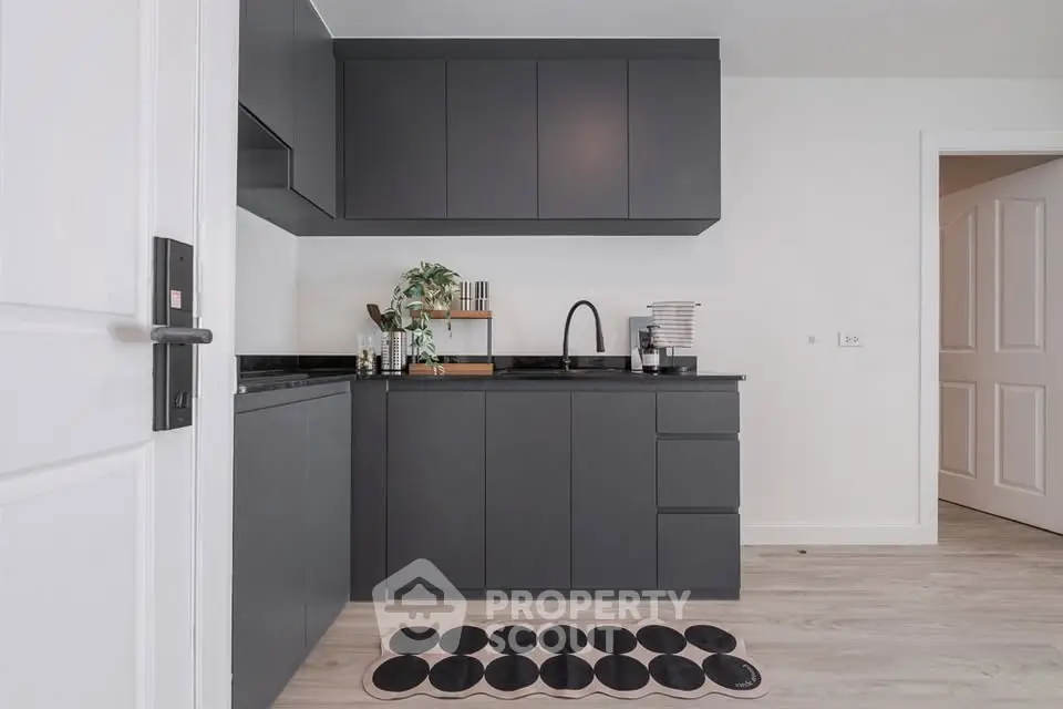 Modern kitchen with sleek black cabinets and minimalist design