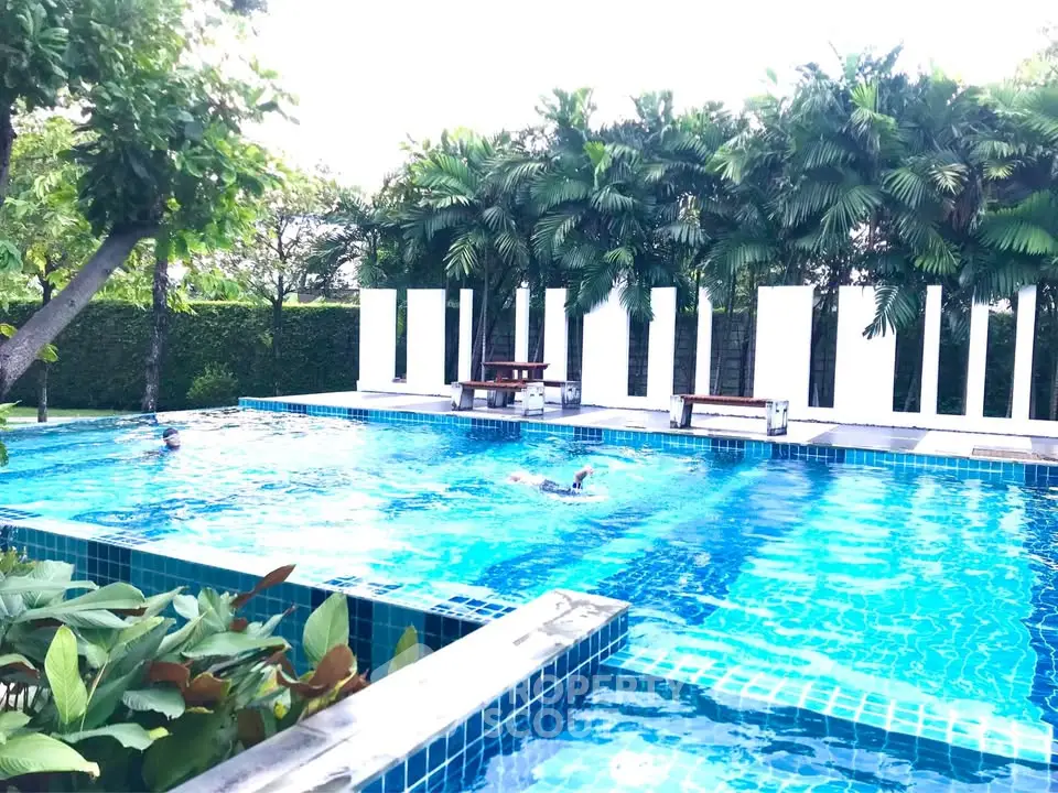 Luxurious outdoor swimming pool surrounded by lush greenery and modern design elements.