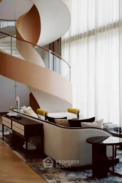 Luxurious living room with elegant spiral staircase and modern furniture