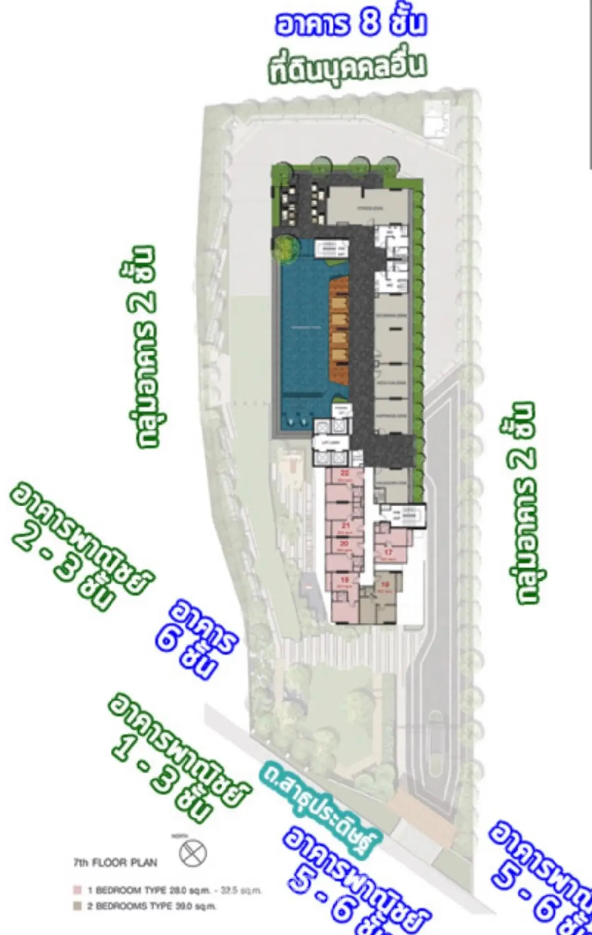 Detailed floor plan of a modern residential complex with pool and garden areas.