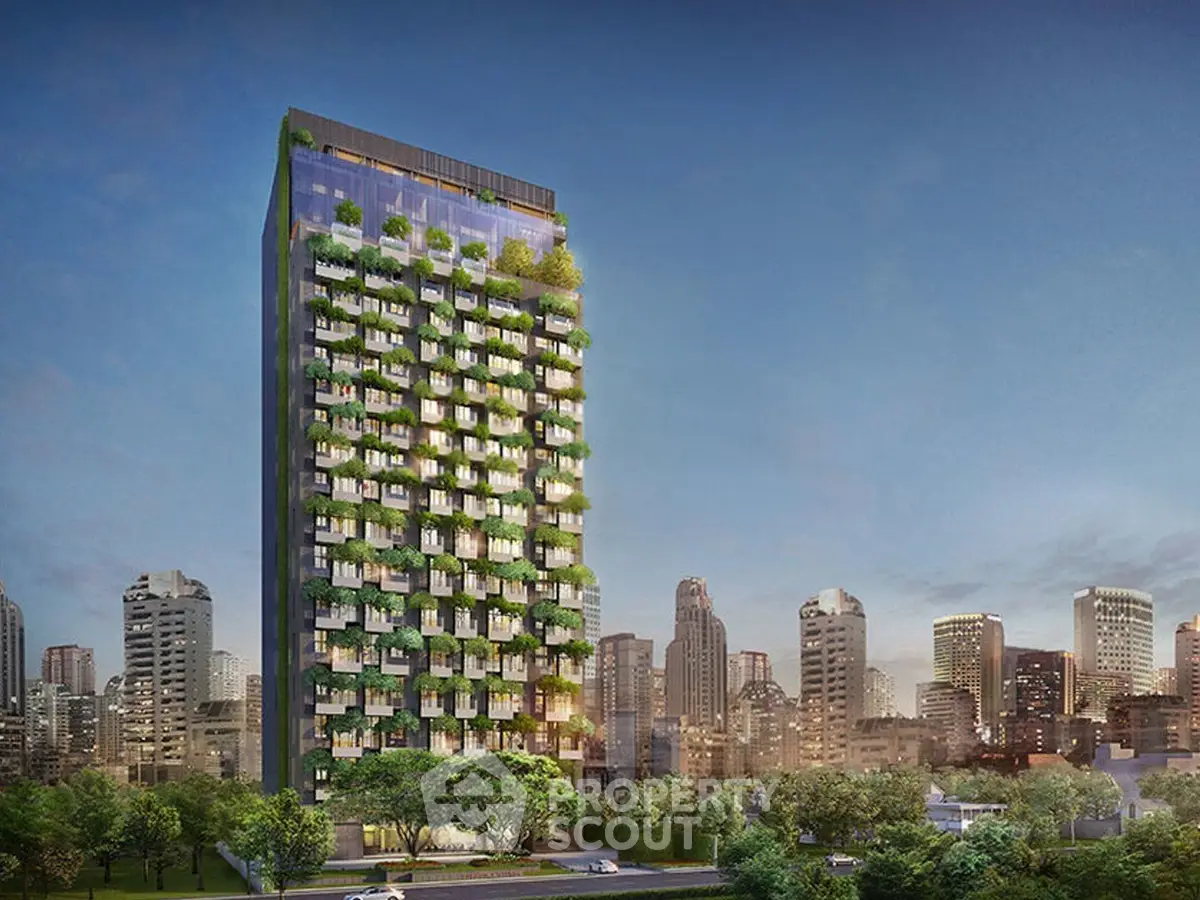Stunning modern high-rise building with lush greenery and city skyline view.