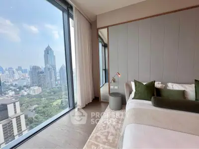 Luxurious bedroom with stunning city view from floor-to-ceiling windows in high-rise apartment.