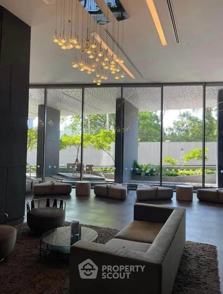 Luxurious modern living room with elegant lighting and garden view