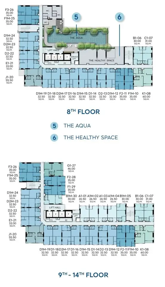 Floor plan layout for 8th to 14th floors with amenities highlighted.