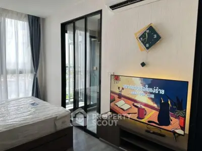 Modern bedroom with glass partition and stylish decor in high-rise apartment