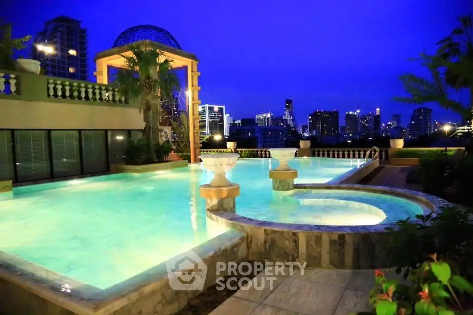 Luxurious rooftop pool with stunning city skyline view at night