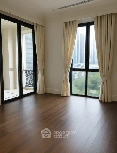 Spacious room with elegant curtains and balcony view in modern apartment